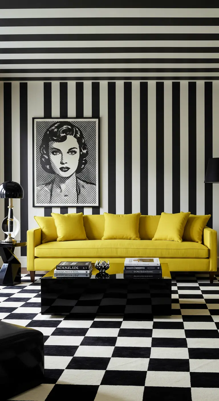 Sofá amarillo en una sala con paredes de rayas y suelo de damero en blanco y negro