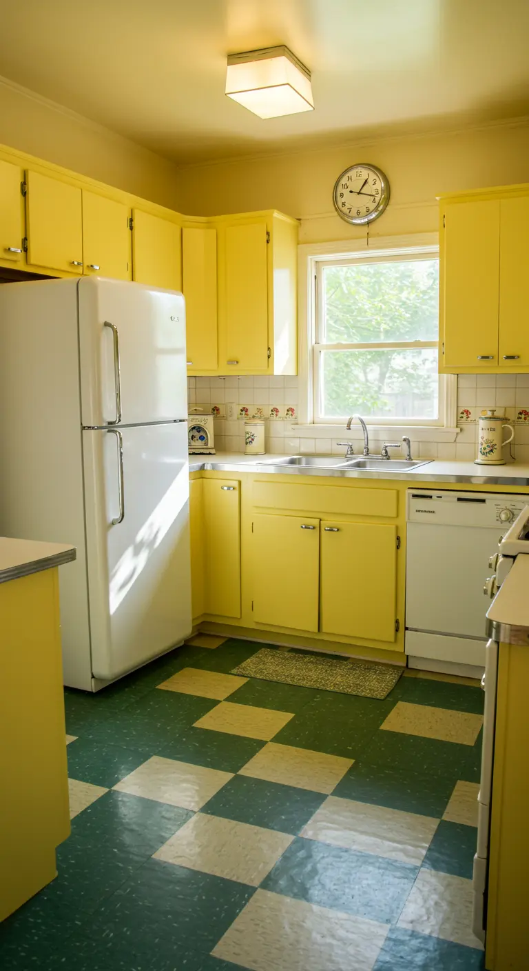 Cocina retro con armarios amarillos y suelo de damero en verde y crema.