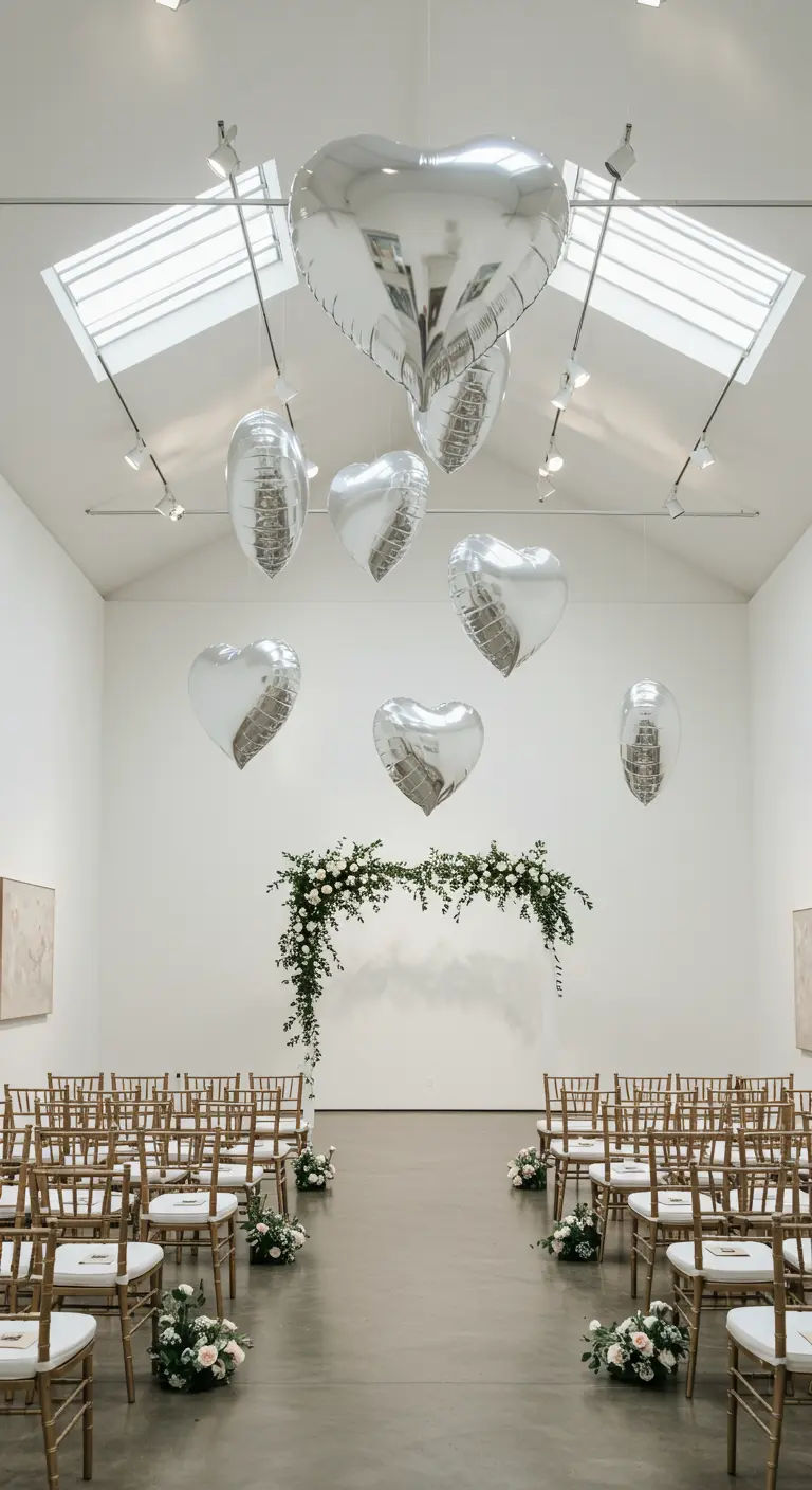 Ceremonia en un espacio blanco minimalista con grandes globos de corazón plateados flotando.