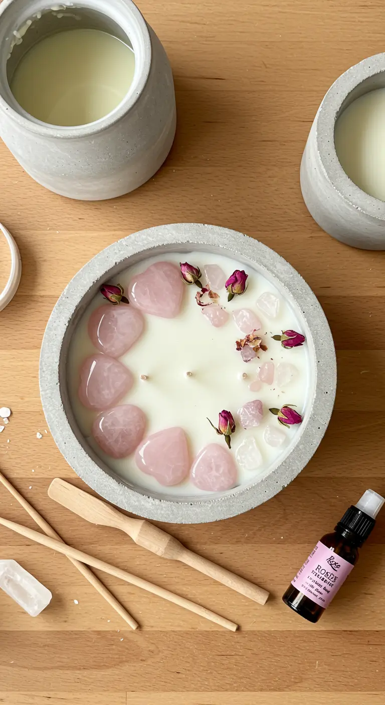 Vela DIY en recipiente de cemento con cuarzo rosa y capullos de rosa secos.