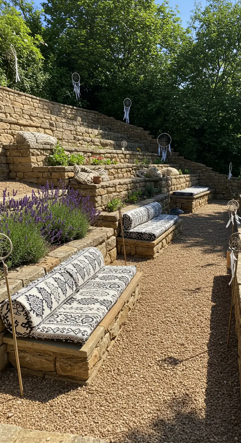 Jardín en terrazas de piedra con bancos de obra y cojines, decorado con atrapasueños blancos.