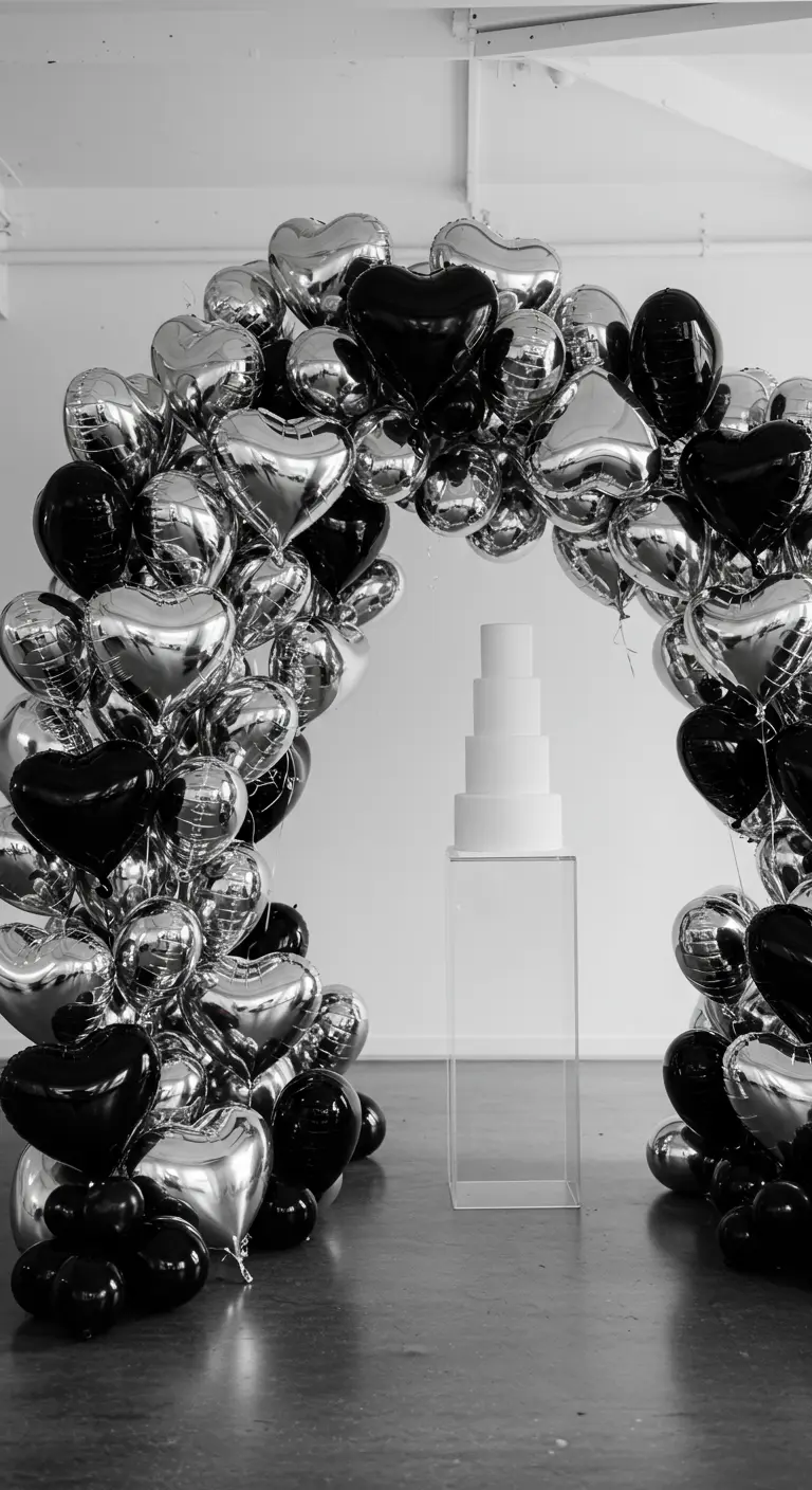 Arco de globos de corazón en blanco y negro con acabado metálico.