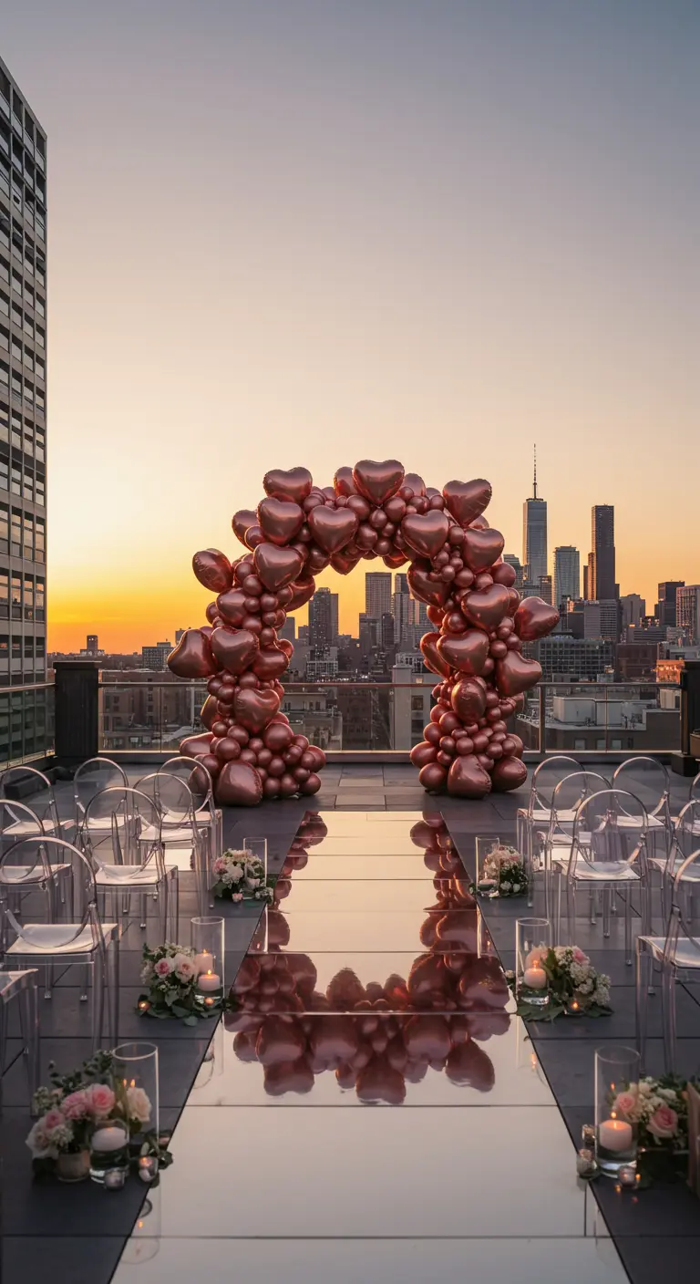 Arco de globos de corazón en oro rosa en una azotea al atardecer.