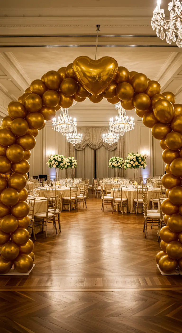 Arco de globos dorados con un gran corazón en la parte superior en un elegante salón de baile.