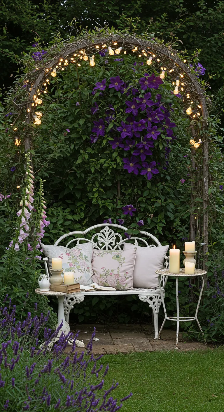 Arco de jardín con flores moradas y un banco blanco, decorado con guirnaldas de luces.