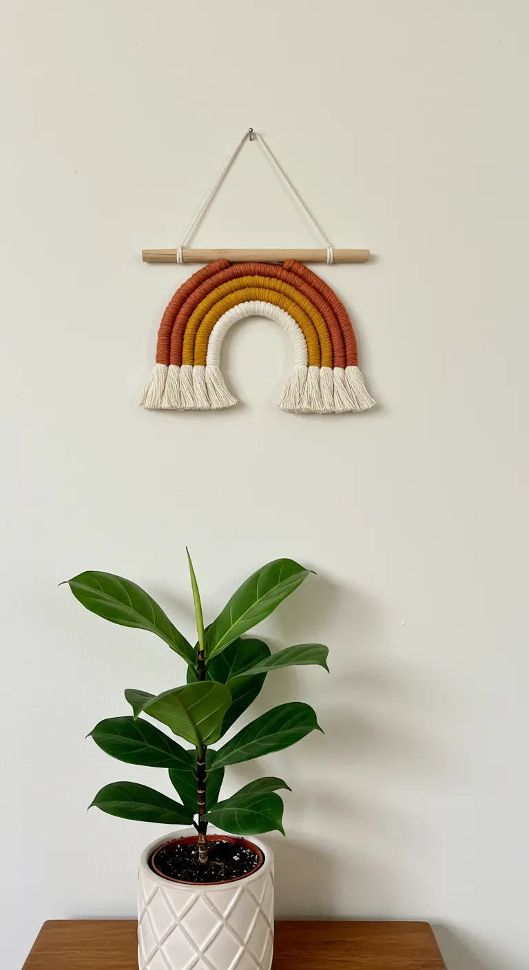 Decoración de pared de macramé en forma de arcoíris con tonos tierra colgado sobre una planta.