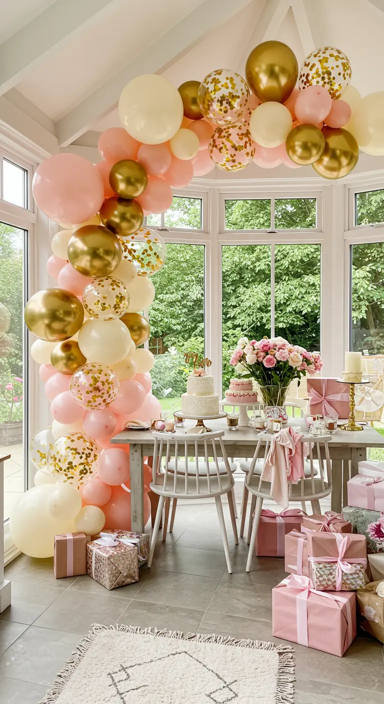 Arco de globos en tonos rosa, crema y dorado con confeti en un comedor luminoso.