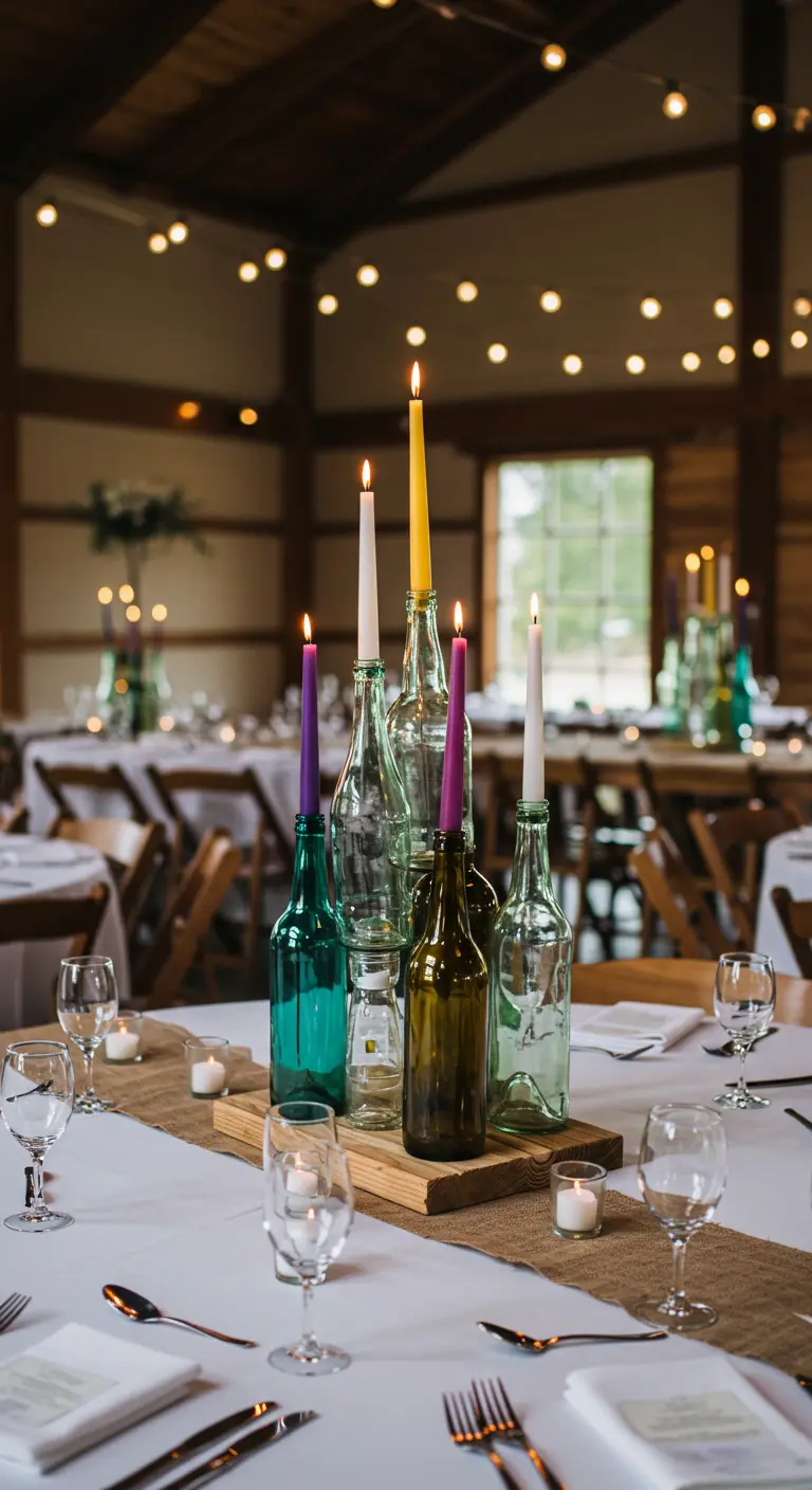 Centro de mesa ecléctico con botellas de vidrio de diferentes colores y velas de colores vivos.