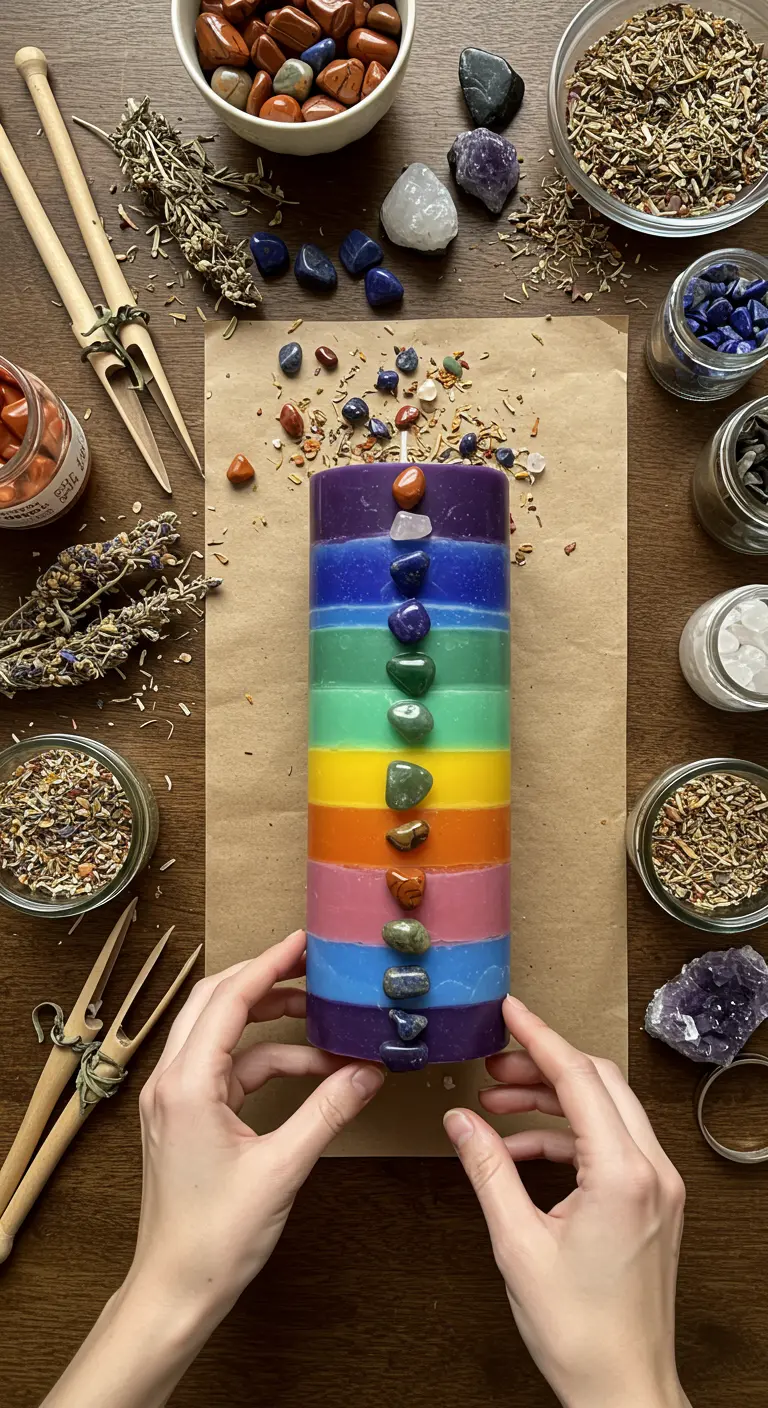 Manos sosteniendo una vela cilíndrica con los colores del arcoíris y piedras alineadas.