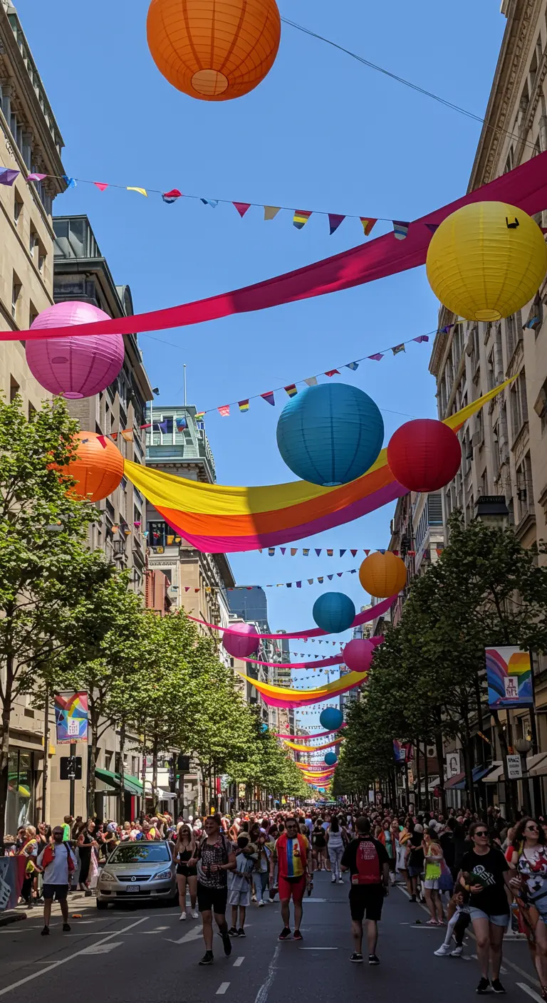 Calle durante una celebración del Orgullo con grandes farolillos y cintas de colores.