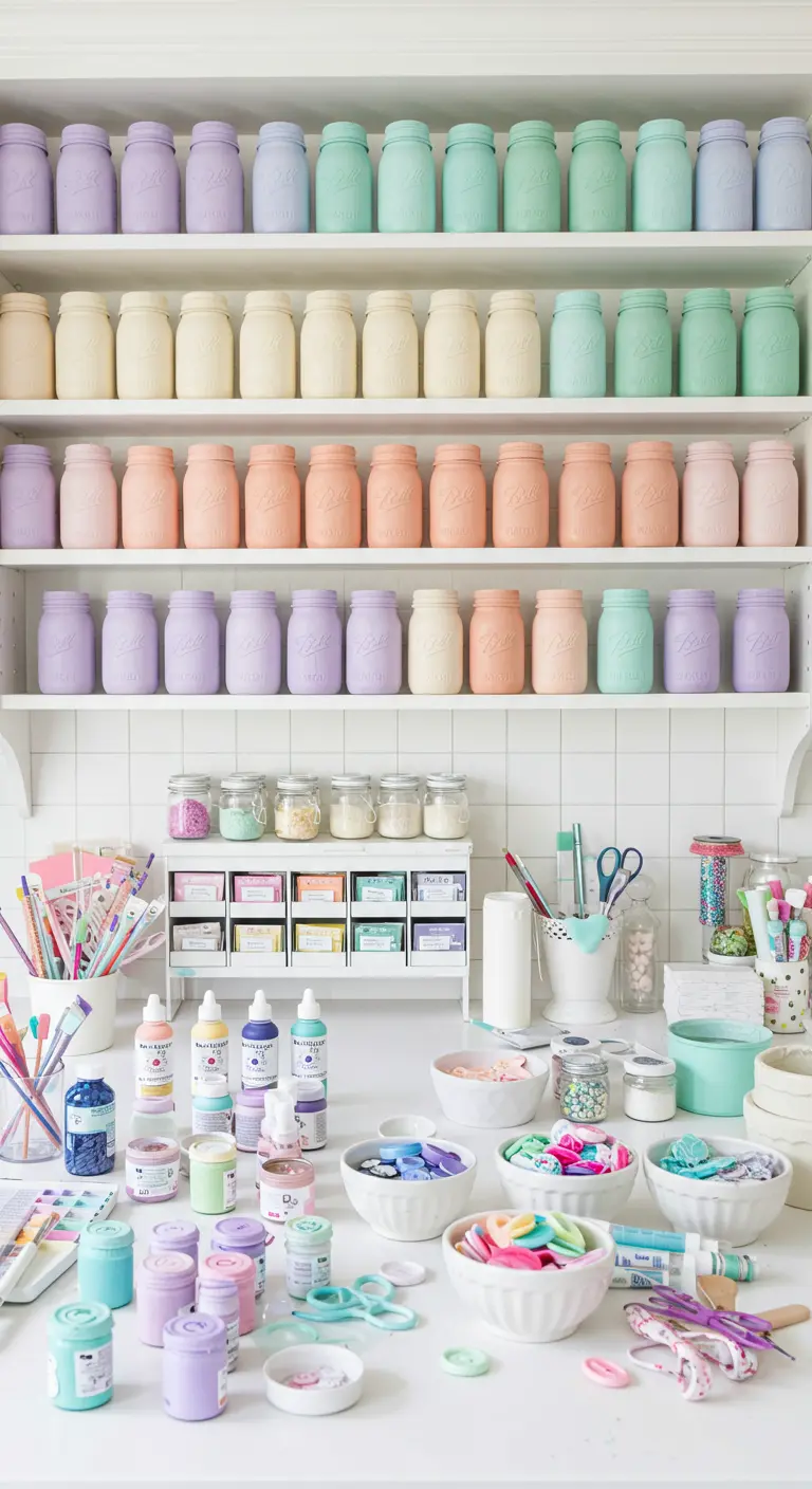 Estanterías de un cuarto de manualidades llenas de frascos pintados en colores pastel.
