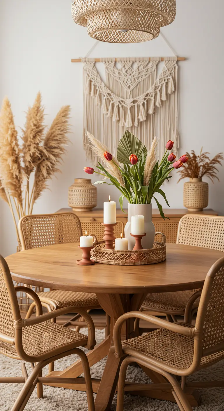 Comedor de estilo bohemio con sillas de ratán, macramé y un centro de mesa natural.