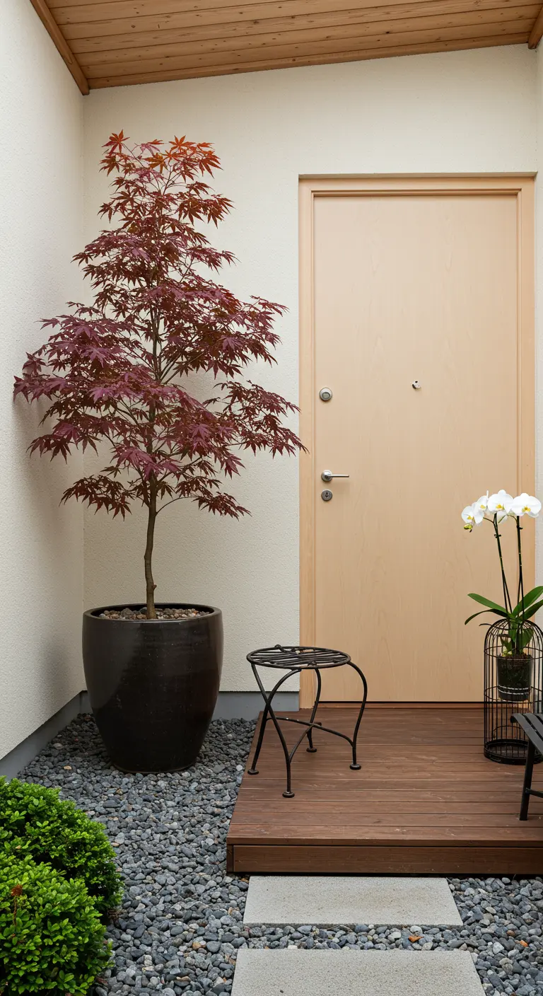 Rincón de inspiración zen con una orquídea blanca dentro de una jaula negra junto a un arce japonés.