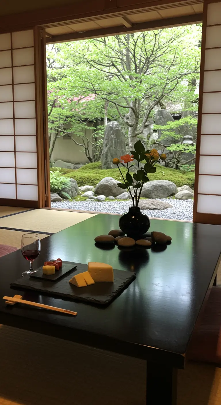 Mesa japonesa baja con queso en pizarra y vistas a un jardín zen.