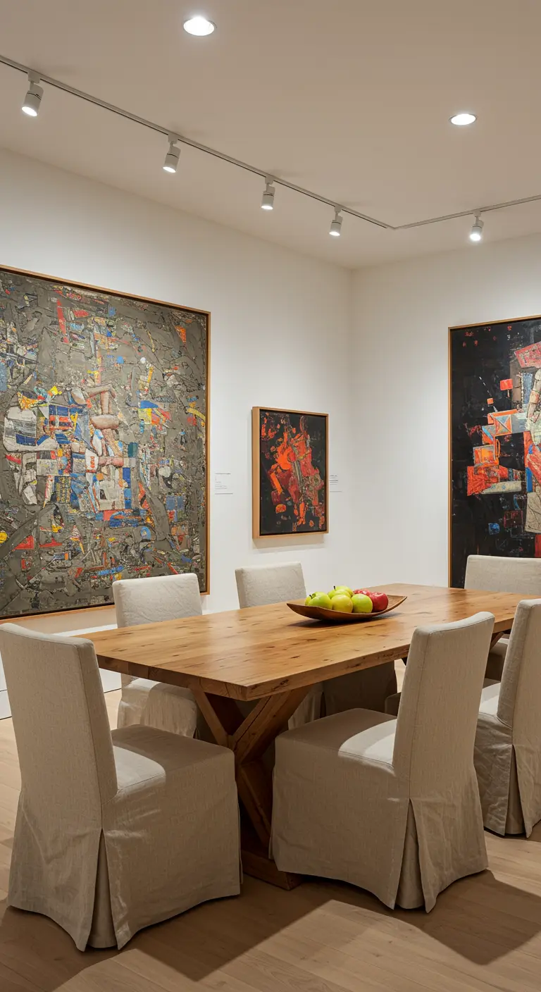 Comedor con grandes obras de arte abstracto, mesa de madera y sillas con fundas de lino.