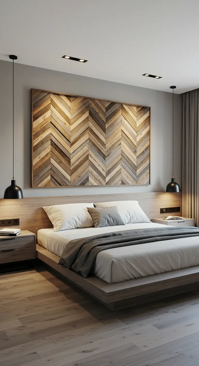 Impresionante cabecero de madera reciclada con un patrón geométrico de espiga en varios tonos.