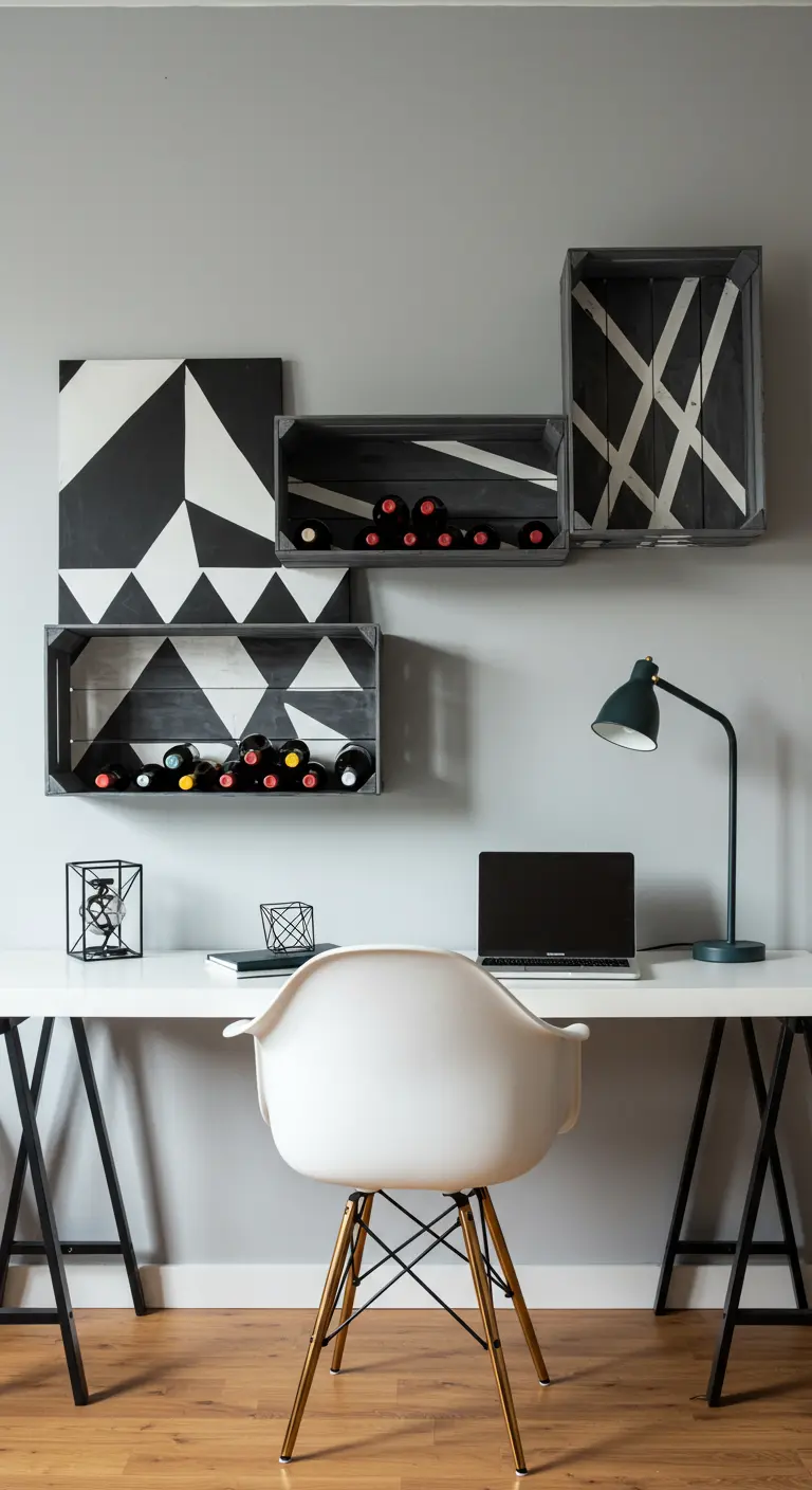 Cajas de vino pintadas con patrones geométricos en blanco y negro en la pared.