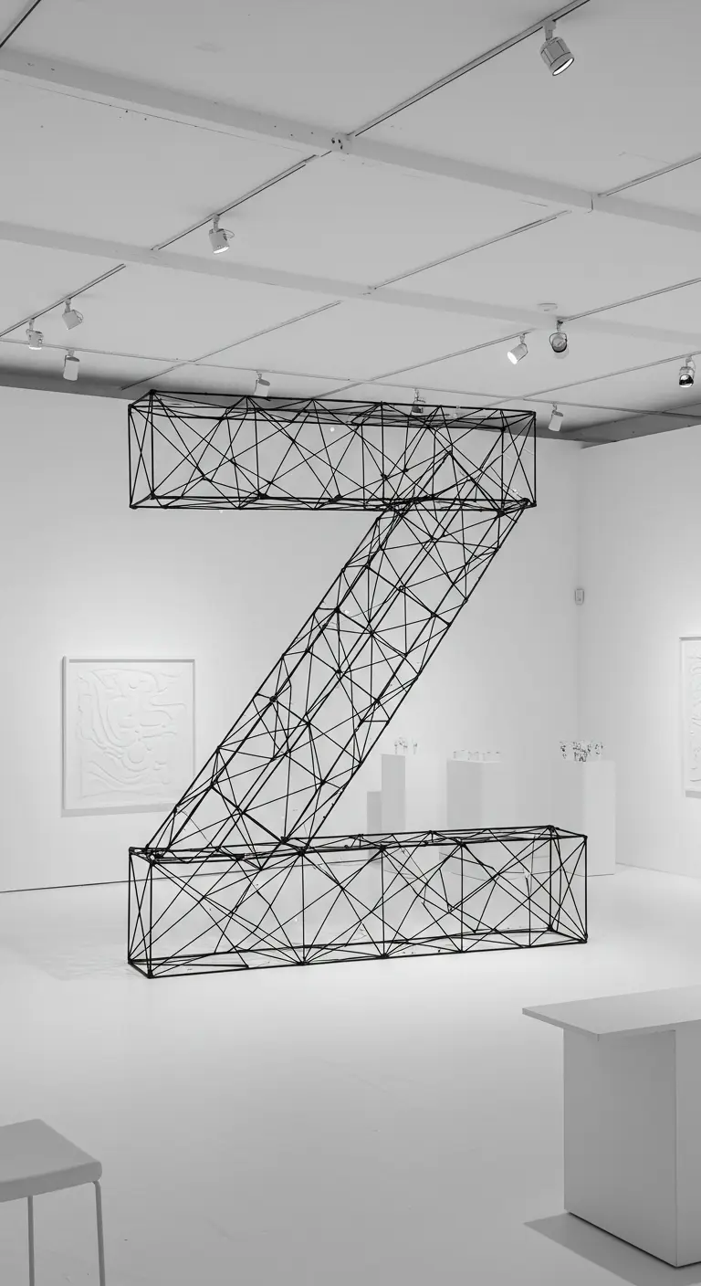 Letra 'Z' gigante construida con una estructura de celosía metálica negra en una galería de arte.