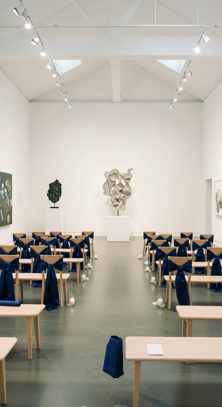 Ceremonia en una galería de arte con sillas de madera y lazos azul marino perfectamente atados.