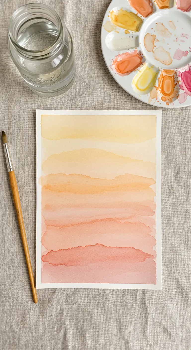 Pintura de acuarela abstracta con un degradado de amarillo, naranja y rosa en capas onduladas.