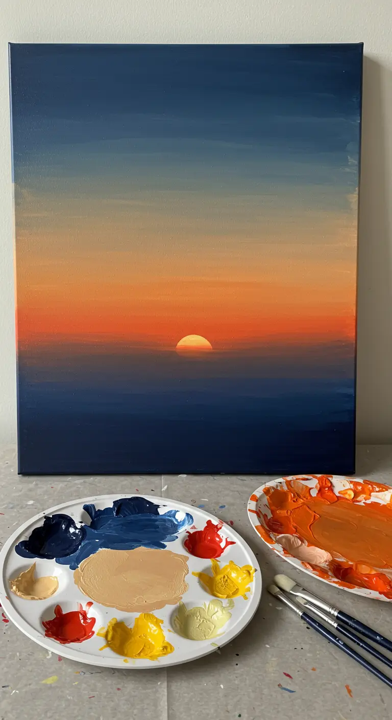 Pintura de un atardecer degradado sobre el mar, con tonos que van del azul oscuro al naranja intenso.