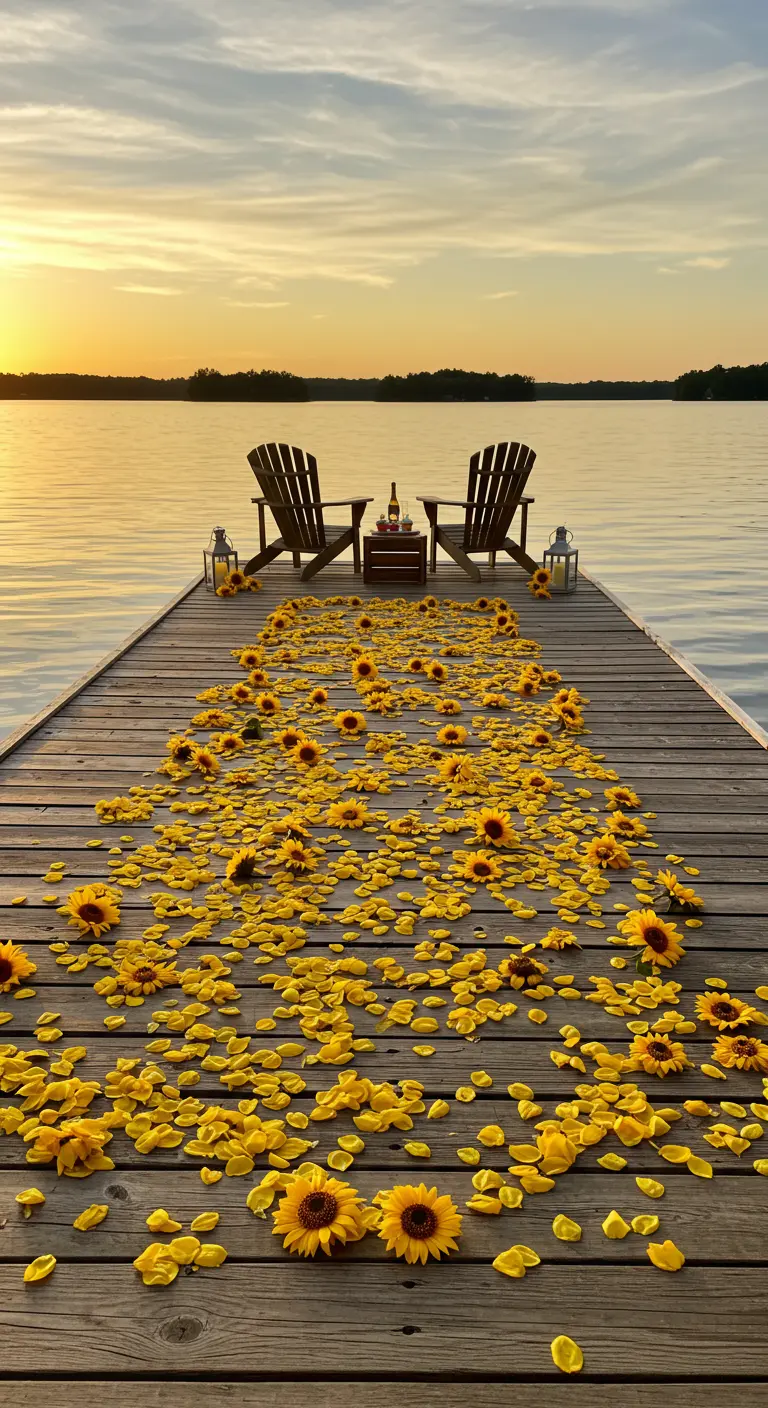 Un muelle de madera cubierto de pétalos y girasoles, con dos sillas mirando al atardecer sobre el lago.
