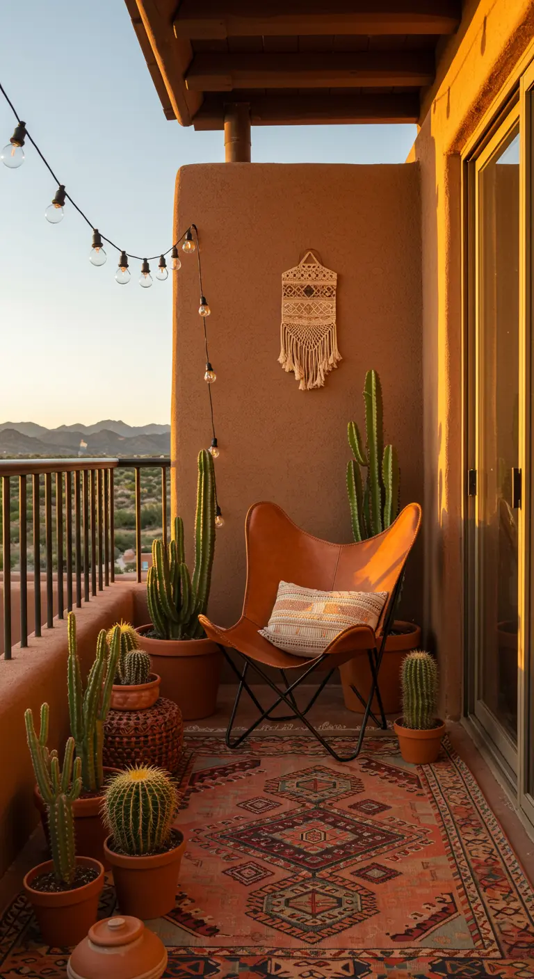 Balcón de estilo desértico con silla de cuero, cactus en macetas de terracota y una alfombra kilim.