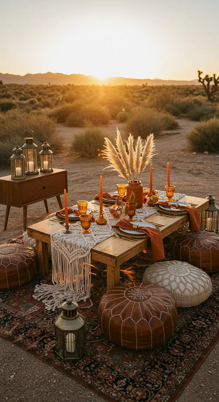 Mesa baja de estilo bohemio en el desierto con cojines, macramé y farolillos.