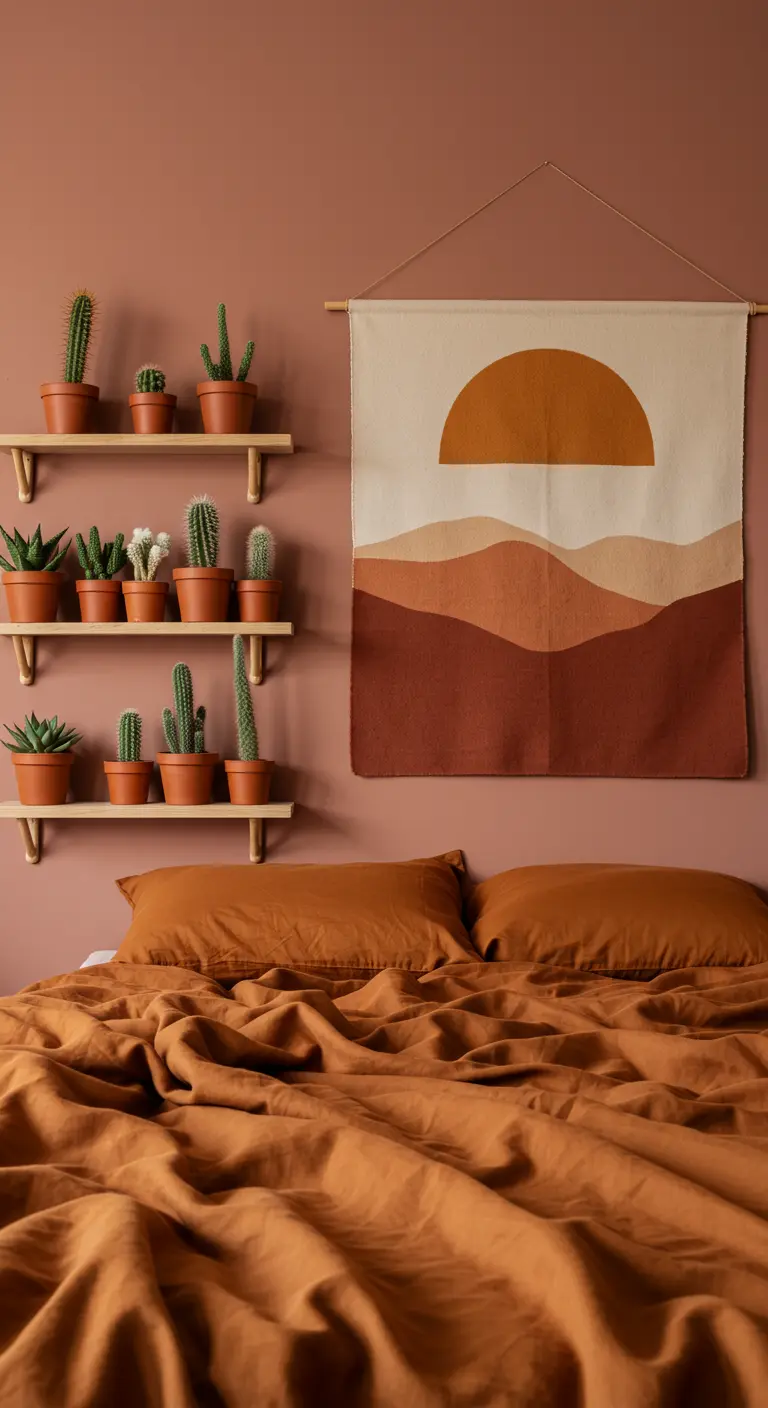 Dormitorio bohemio con pared terracota, tapiz de paisaje y estanterías con cactus.