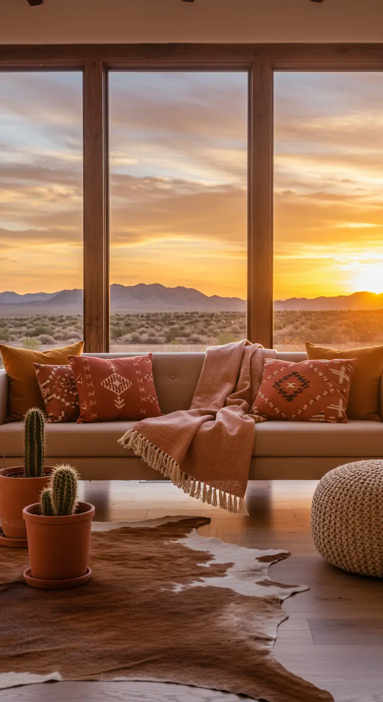 Sofá con cojines terracota frente a un ventanal con vistas al atardecer del desierto.
