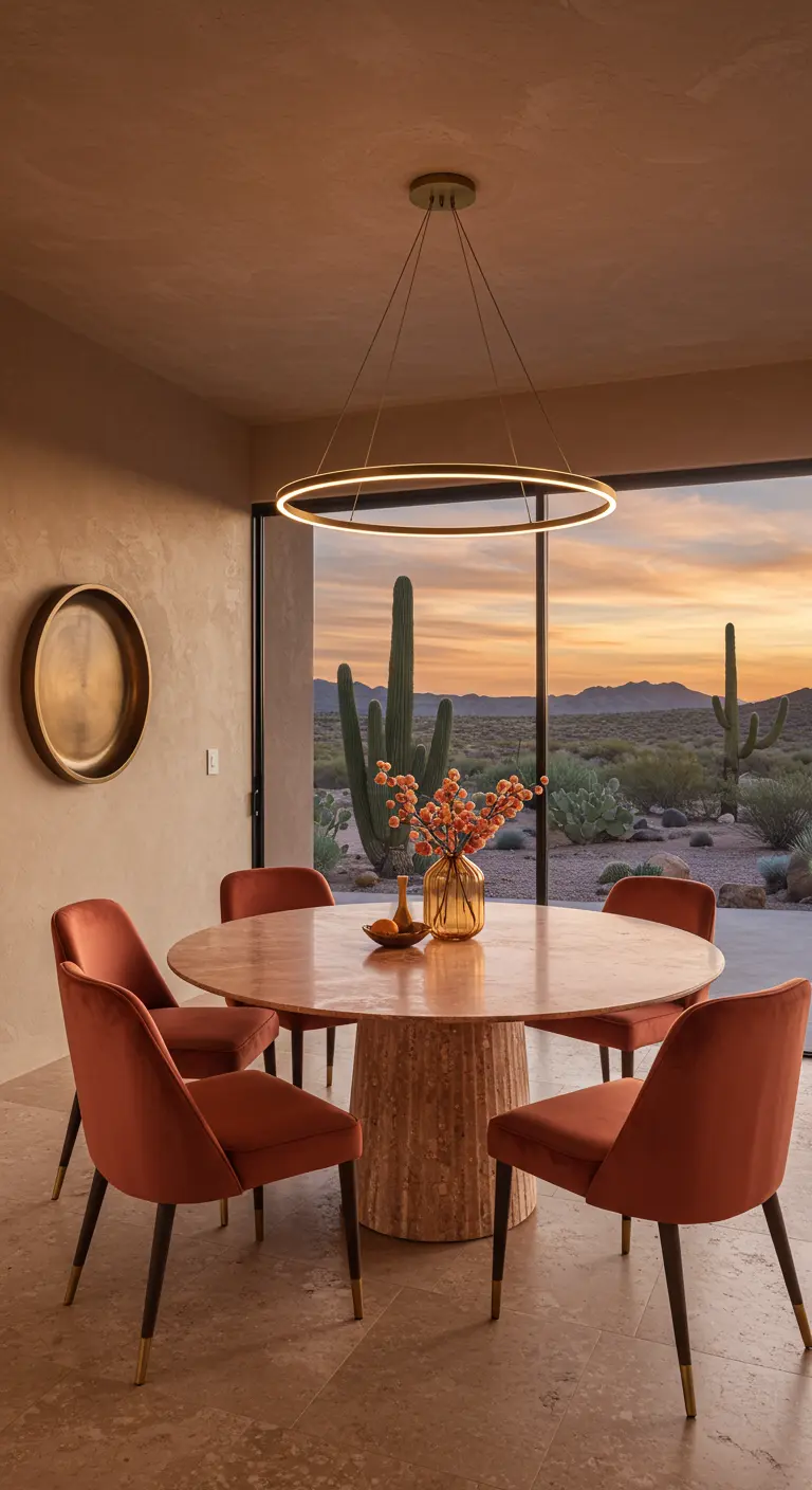 Comedor de estilo desértico moderno con sillas de terciopelo terracota y mesa de travertino