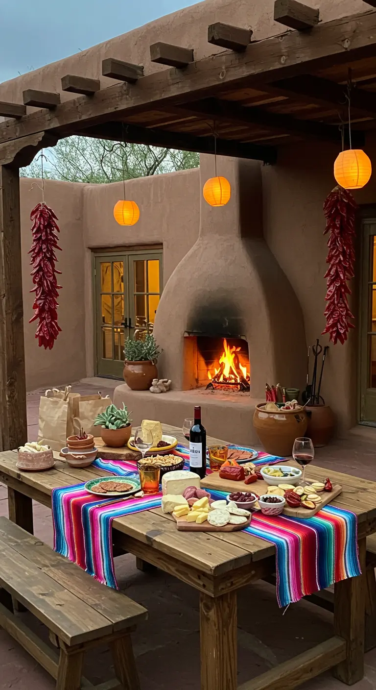 Mesa de patio de estilo suroeste con chimenea de adobe y camino de mesa colorido.