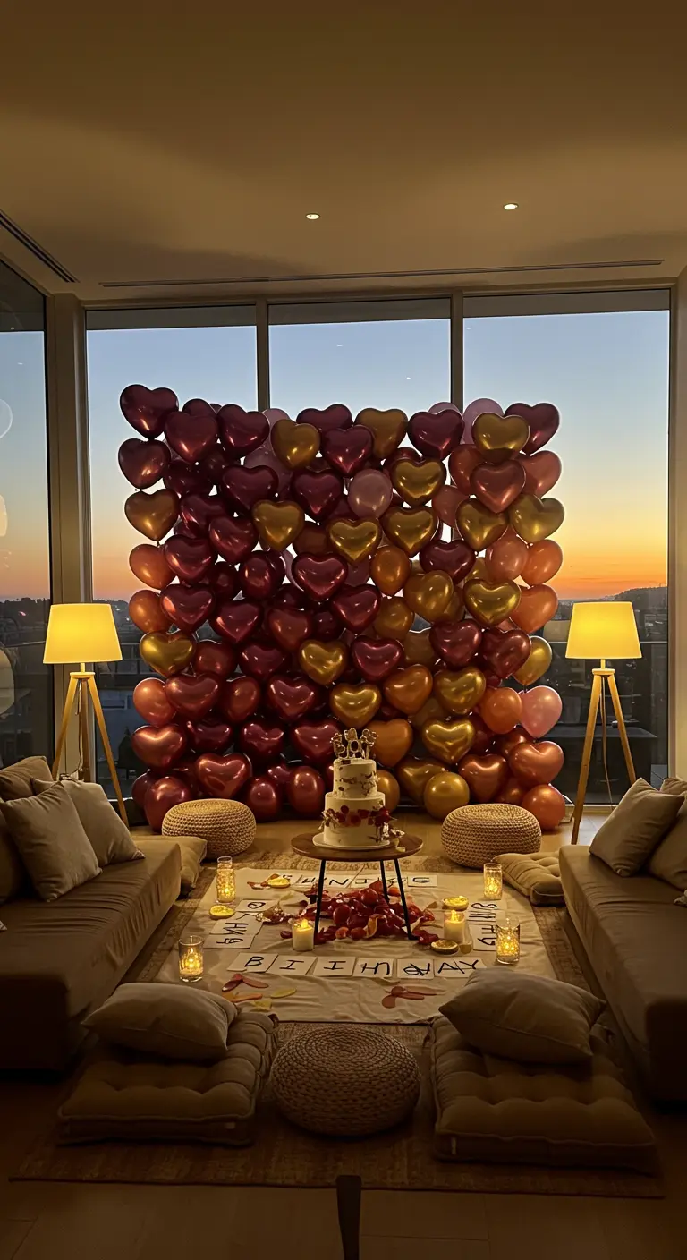 Pared de globos de corazón en tonos burdeos y dorados en una sala de estar al atardecer.