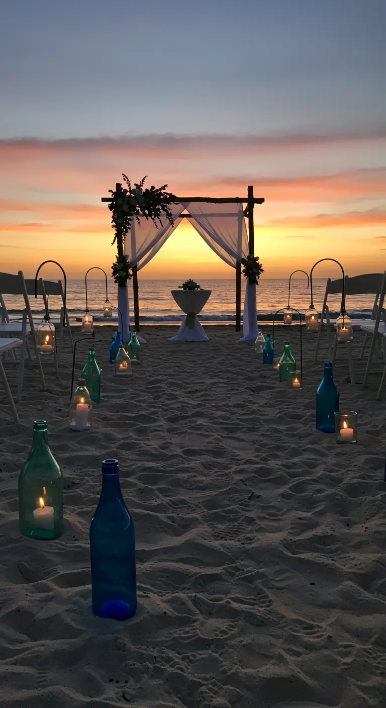 Pasillo de boda en la playa al atardecer, flanqueado por botellas azules y verdes con velas.
