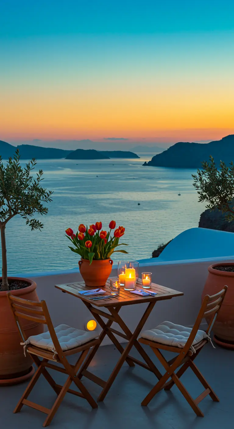 Mesa para dos en un balcón con vistas al mar al atardecer, con tulipanes y velas.