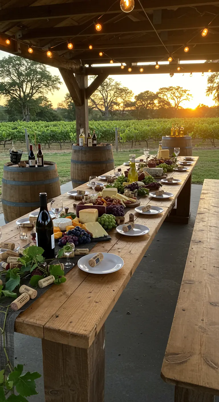 Mesa de madera rústica con vino y quesos en un viñedo al atardecer.