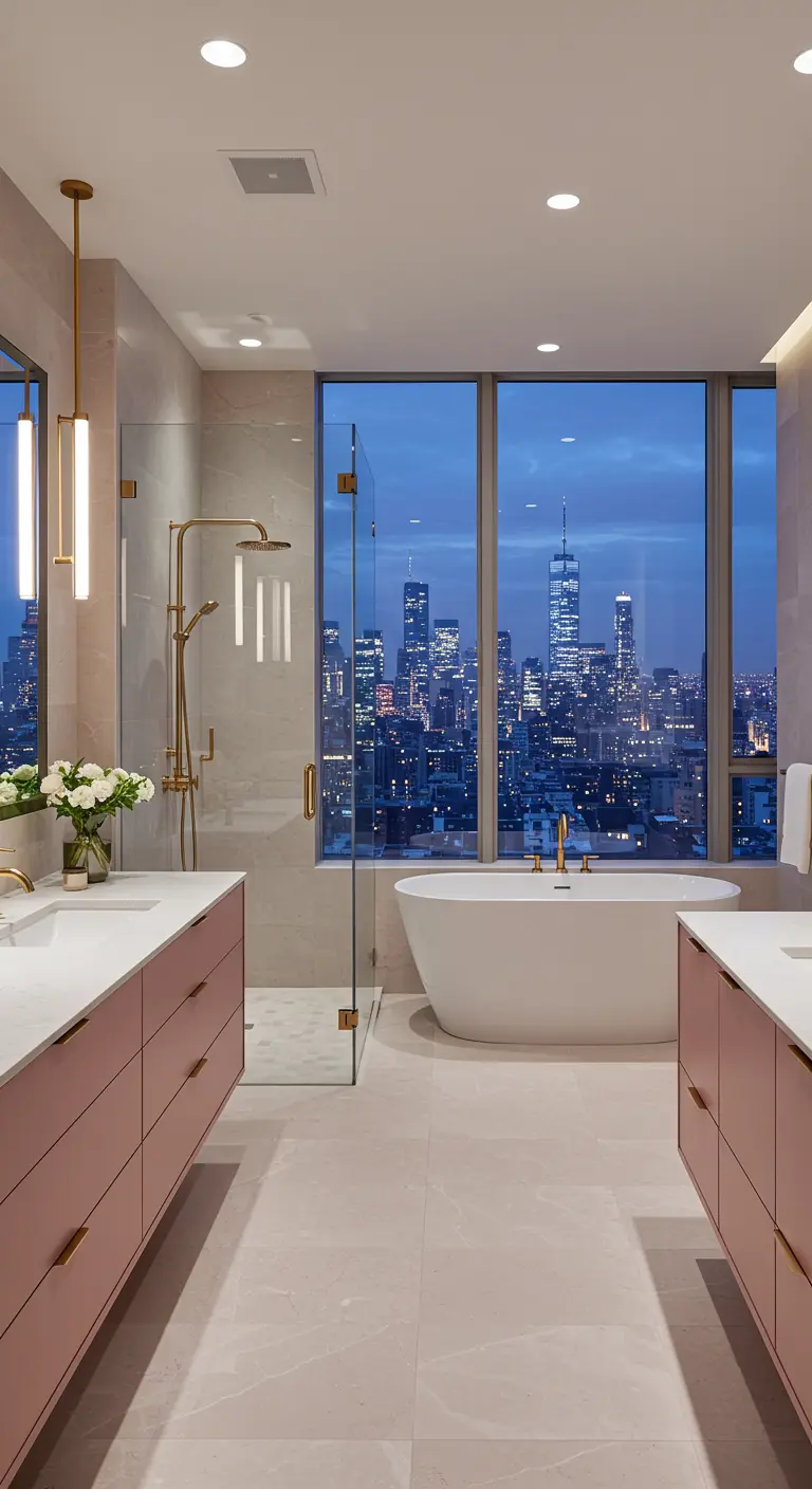 Baño moderno con vistas a la ciudad, muebles rosas y grifería dorada.