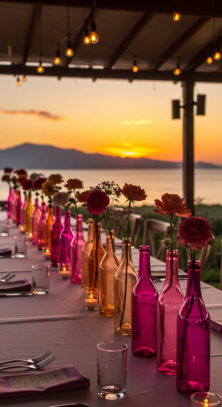 Mesa al atardecer con una fila de botellas de colores vivos (rosa, naranja) como jarrones.