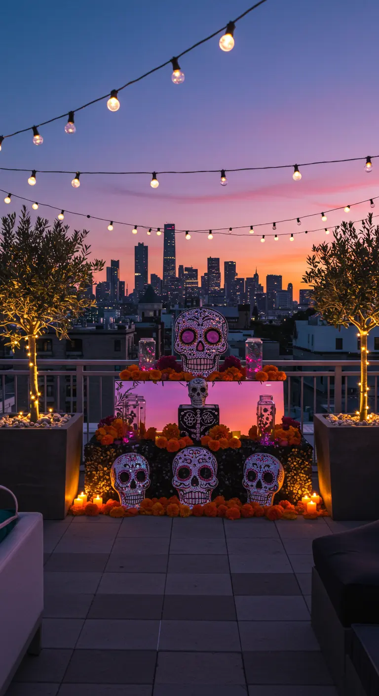 Altar en una azotea con el skyline de la ciudad al atardecer.