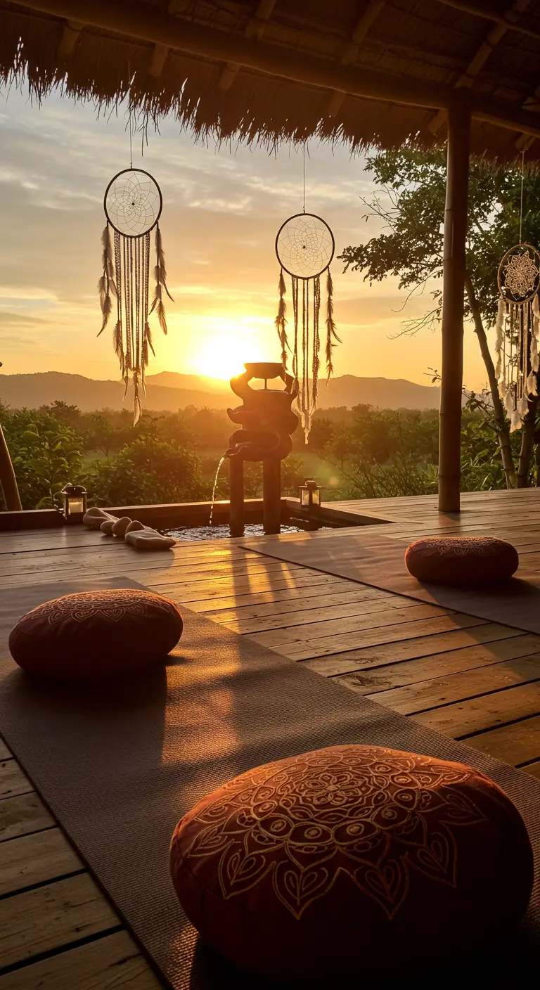 Terraza de yoga al atardecer con cojines de meditación y siluetas de atrapasueños.