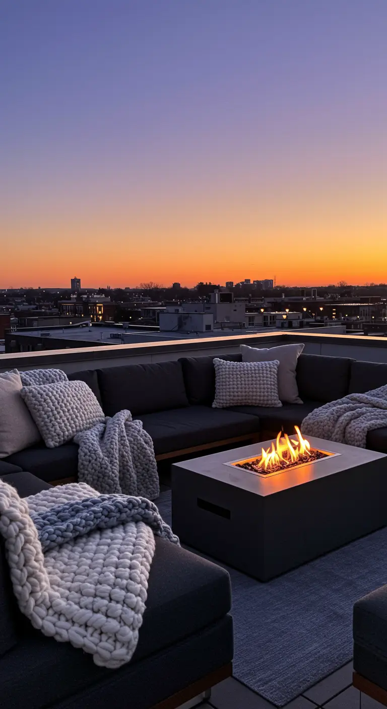 Terraza en una azotea con un gran sofá modular, mantas de punto y un brasero moderno.
