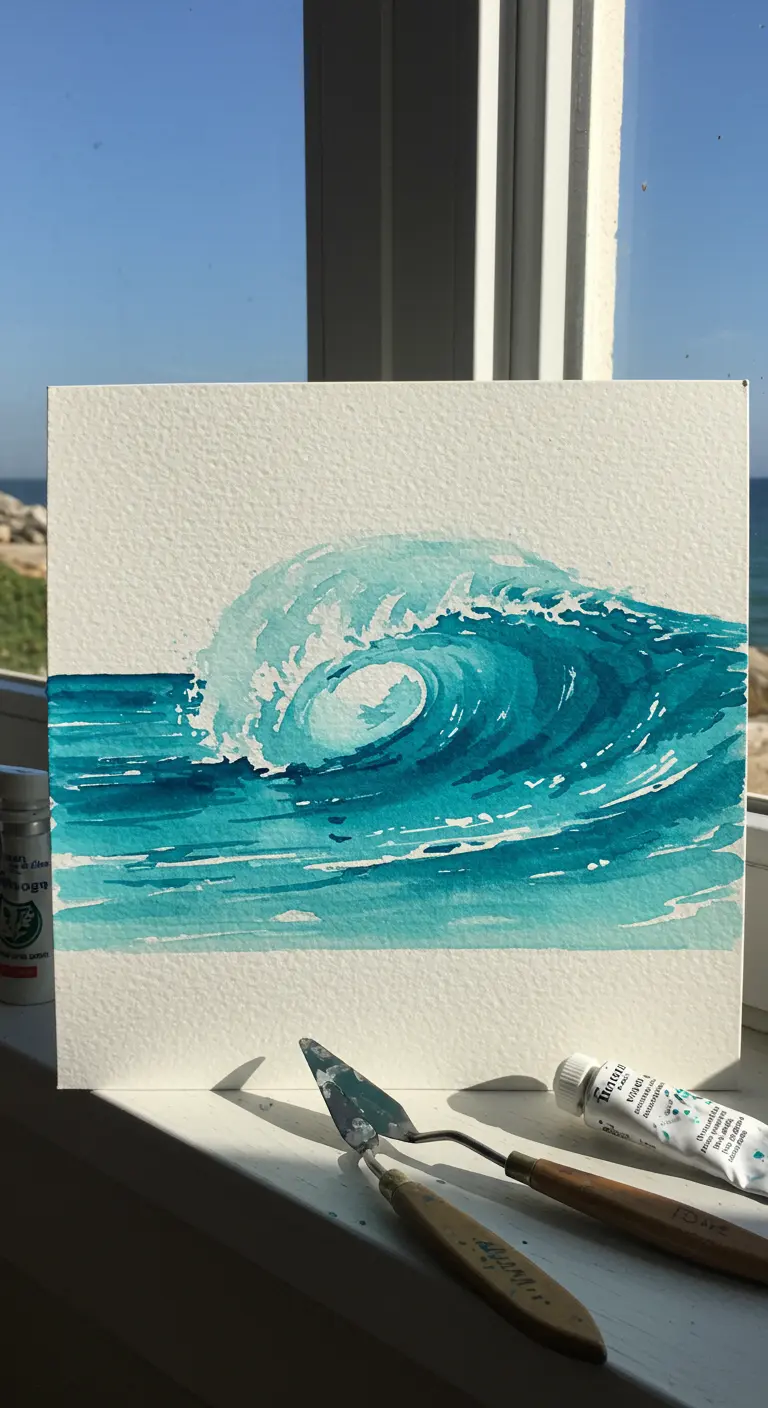 Pintura de acuarela de una ola del océano rompiendo, con tonos turquesas y espuma blanca.