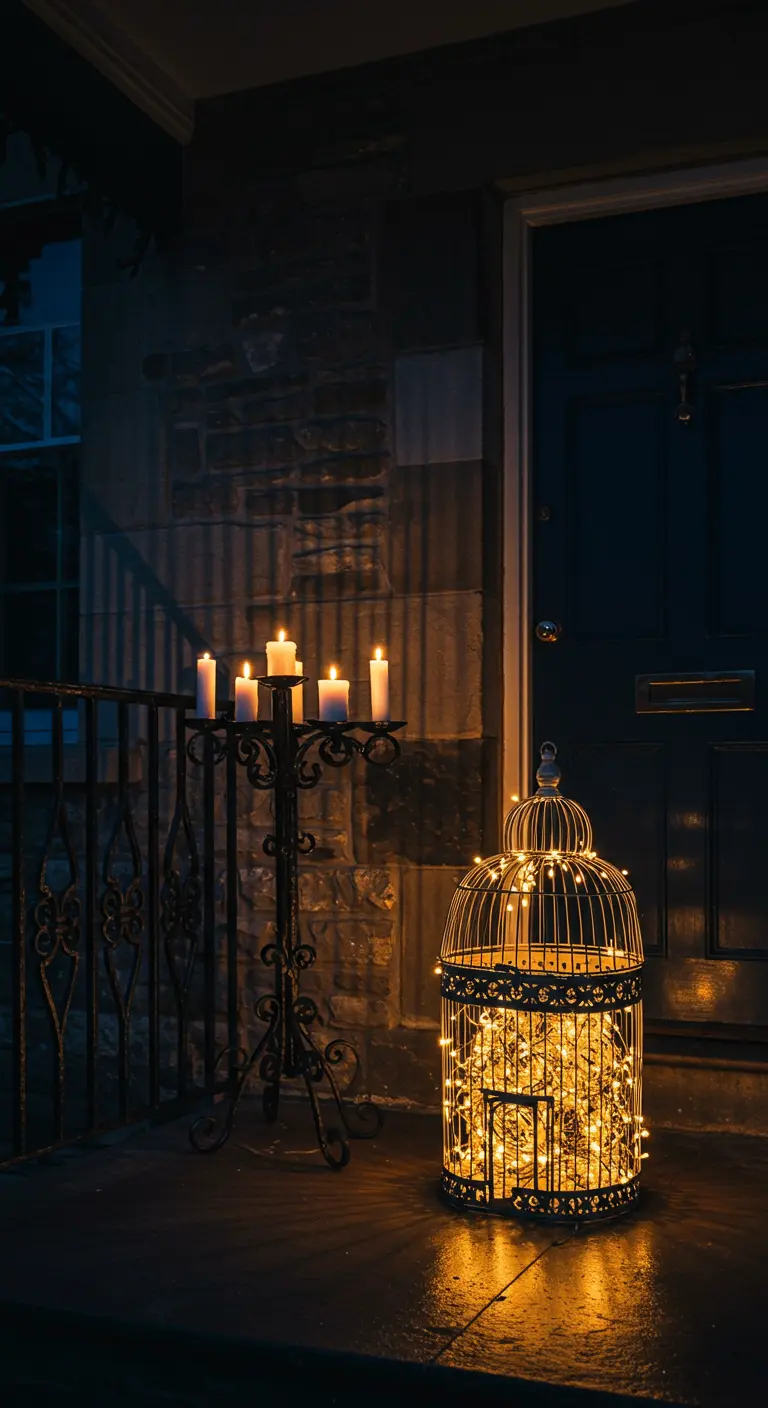 Jaula de pájaros de metal negro en el suelo, repleta de luces de hadas encendidas en la oscuridad.