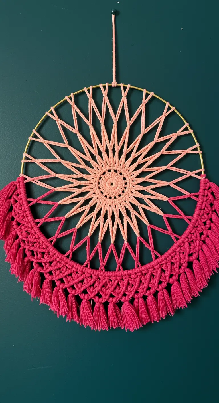 Atrapasueños de macramé en un aro dorado con un degradado de fucsia a coral y muchas borlas.