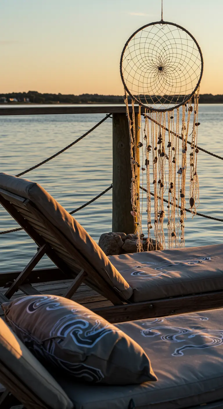 Atrapasueños decorado con conchas colgando de un poste en un muelle durante la puesta de sol.