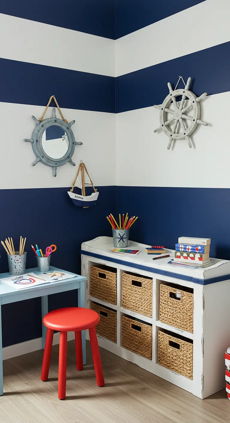 Rincón de arte infantil de temática náutica con paredes a rayas azules y blancas y cestas de mimbre.