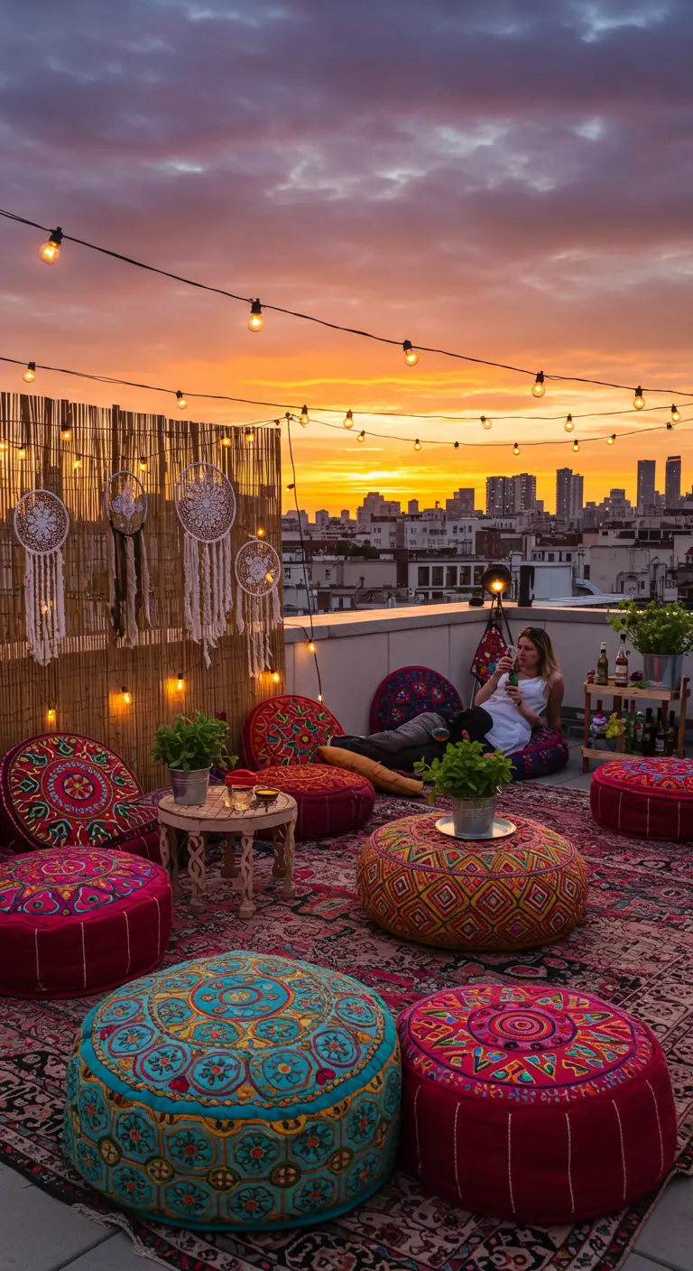 Terraza en una azotea con pufs de colores, alfombras persas y atrapasueños en un biombo de bambú.