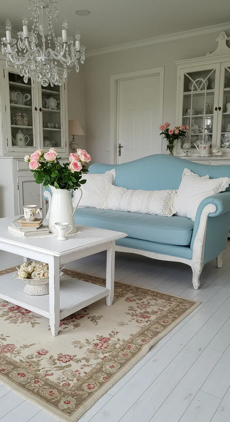 Sofá azul bebé de estilo vintage en una sala de estar Shabby Chic con muebles blancos y rosas