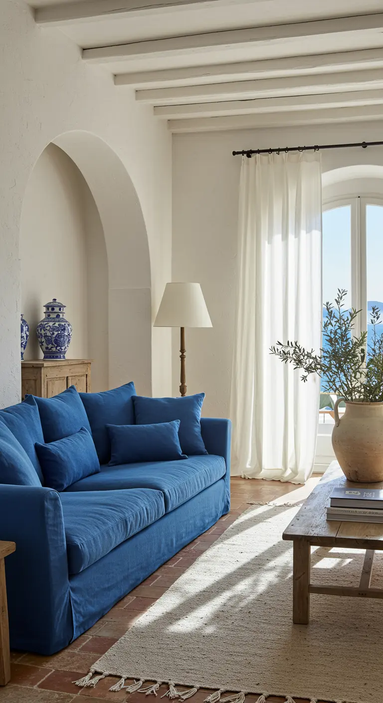 Sofá de lino azul en una sala de estar de estilo mediterráneo con paredes blancas y vigas de madera