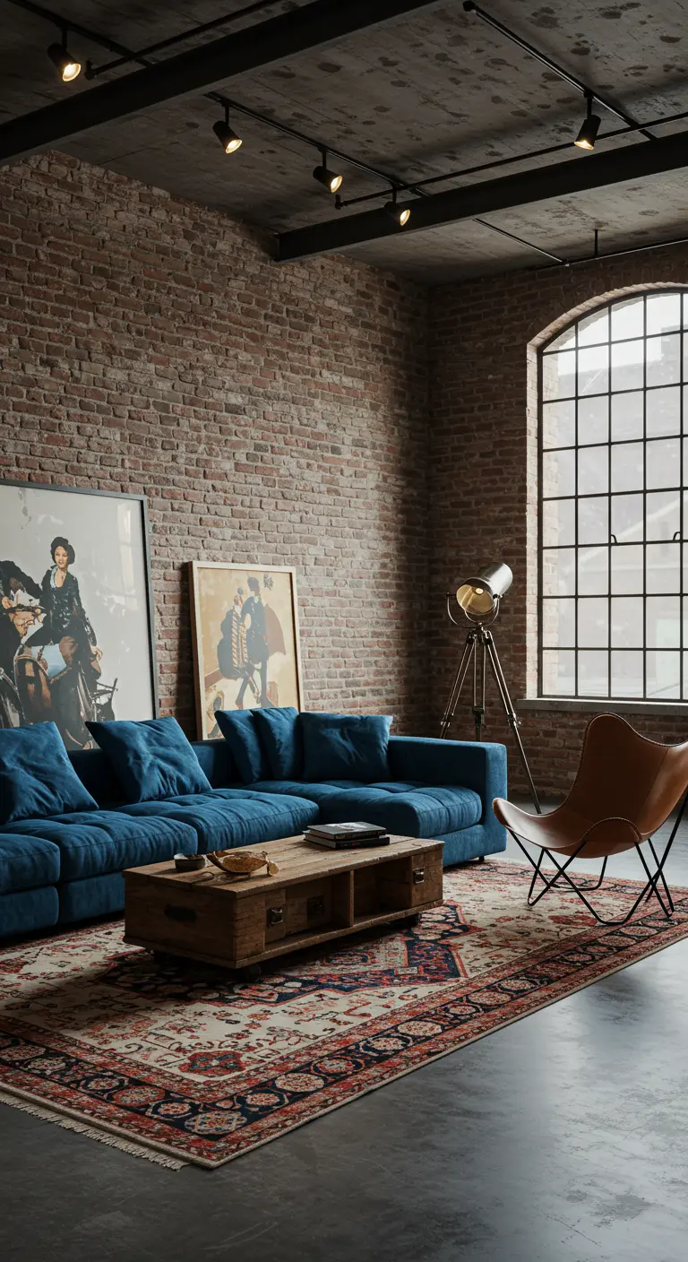 Sofá seccional azul cobalto en una sala de estar industrial con pared de ladrillo y gran ventanal